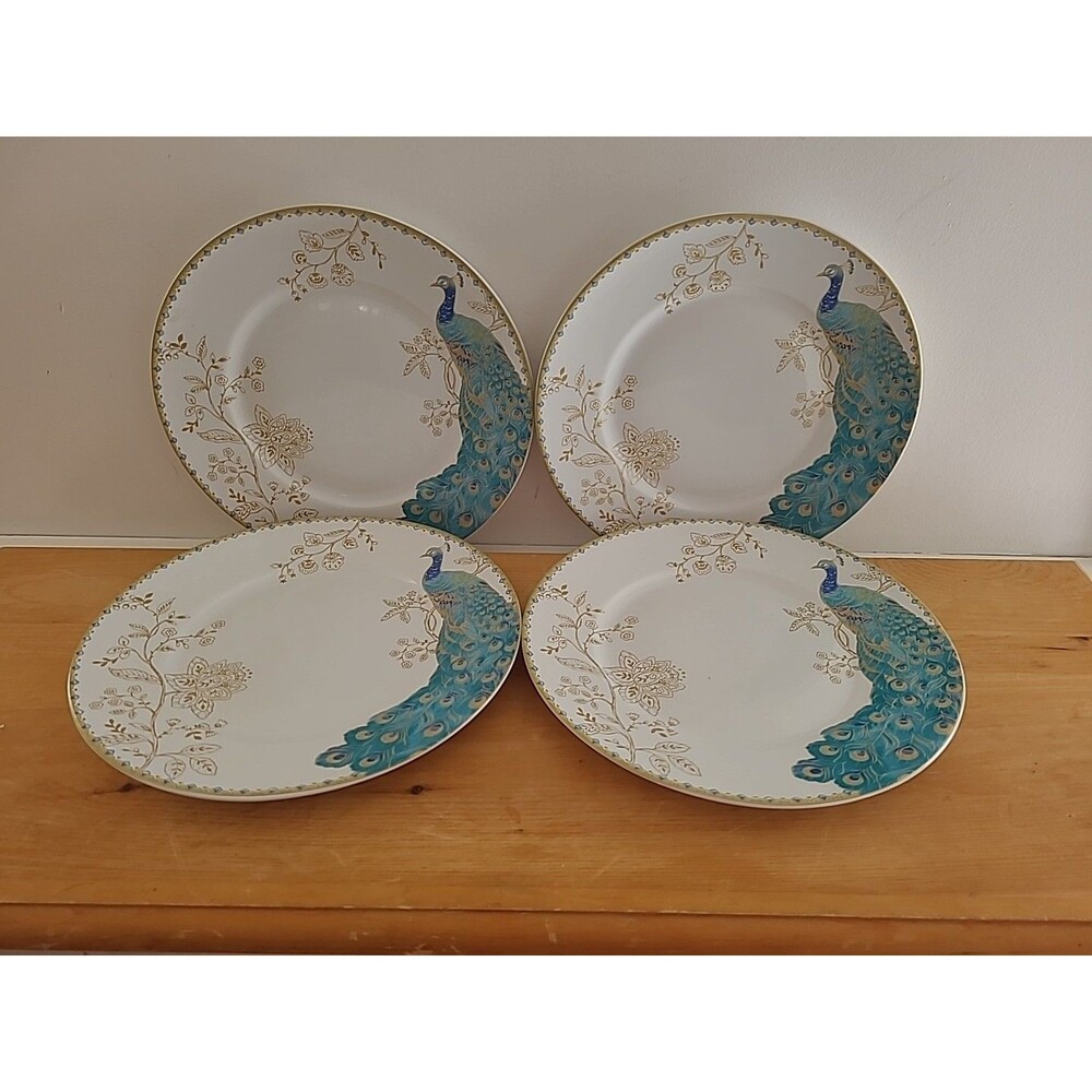 Set 4 222 Fifth Peacock Garden Dinner Plates 10.75'' Turquoise White Gold